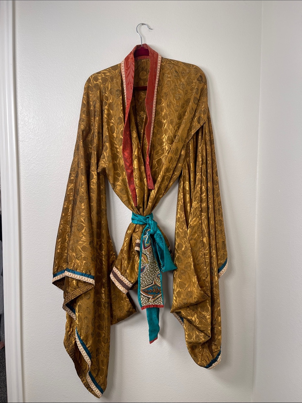 Gold Jacquard Draped Kimono Jacket with Teal Sash